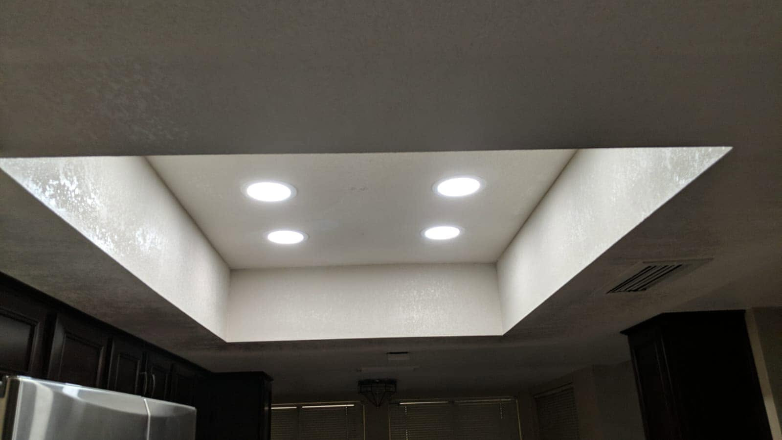 Finished kitchen tray ceiling with four LED recessed cans