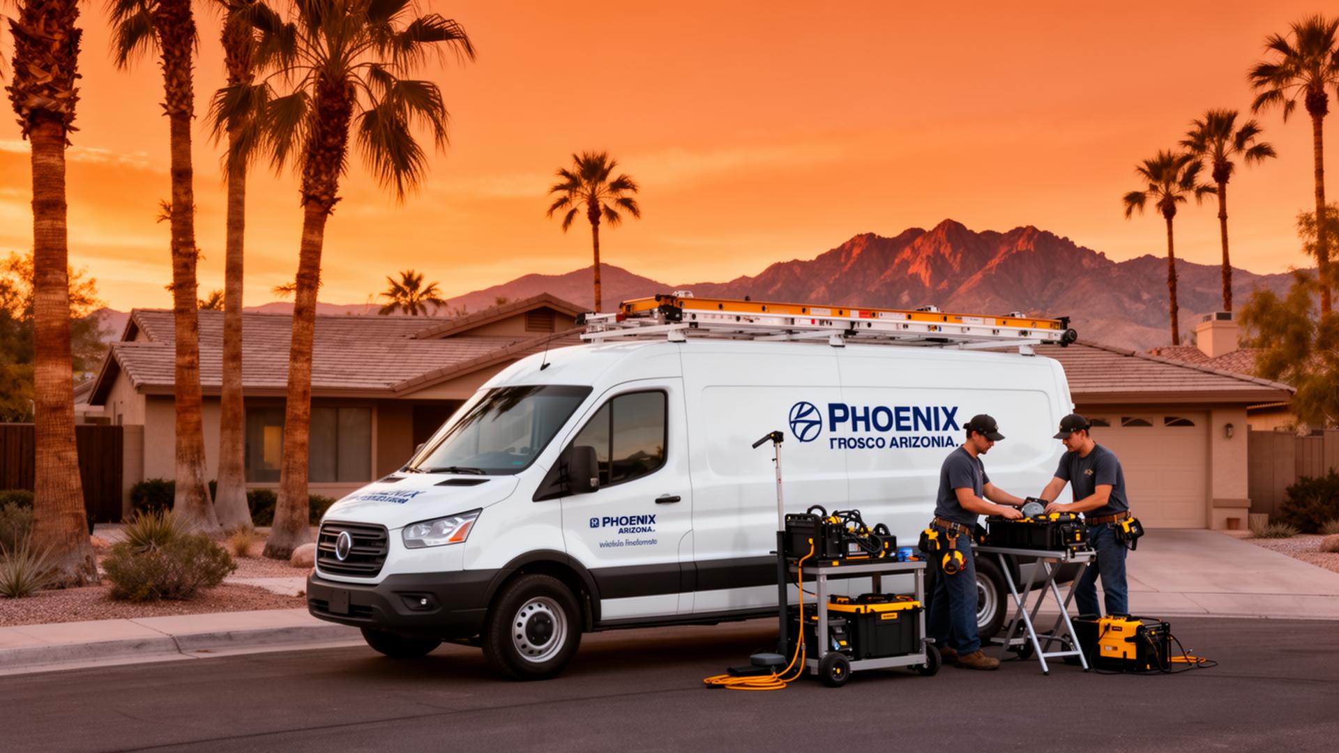 Service truck at desert sunset